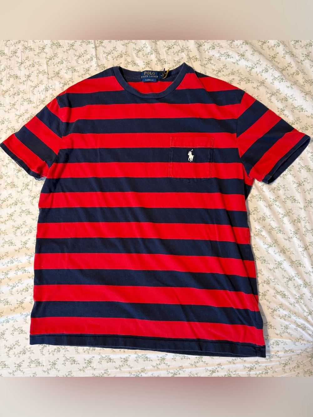 Polo Ralph Lauren Red Navy Striped Pocket Tee T Shirt Size Medium